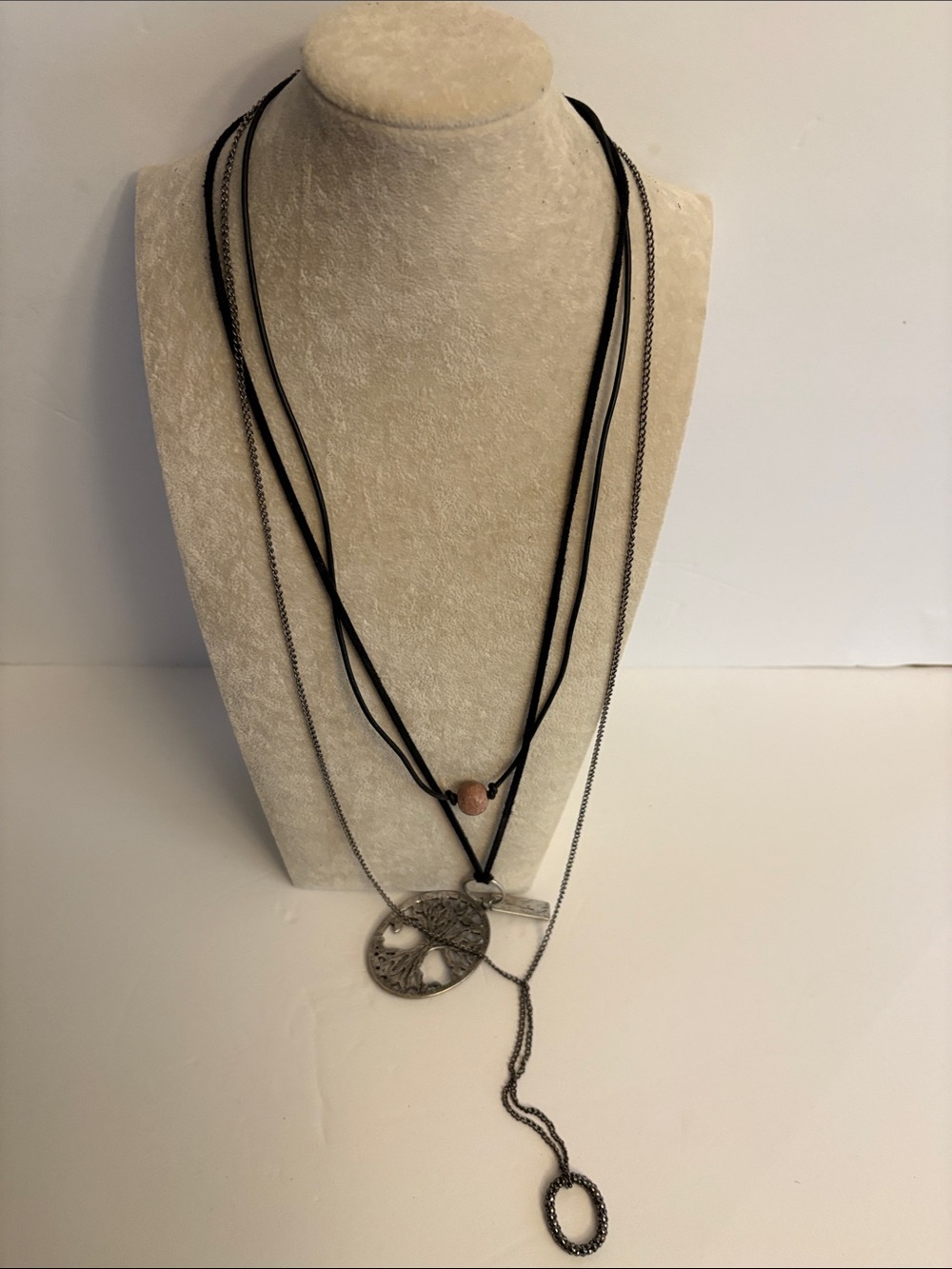 Boho Bundle of 3 Black Cord and Gunmetal Tree of Life Necklace with Pink Accent - Picture 2 of 10